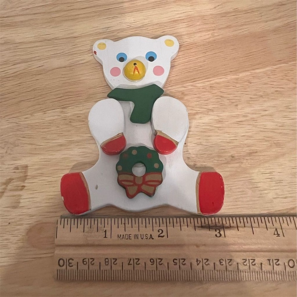 Russ Berrie Vintage Wooden‎ Teddy Bear Christmas Ornament 4" Hand-Painted